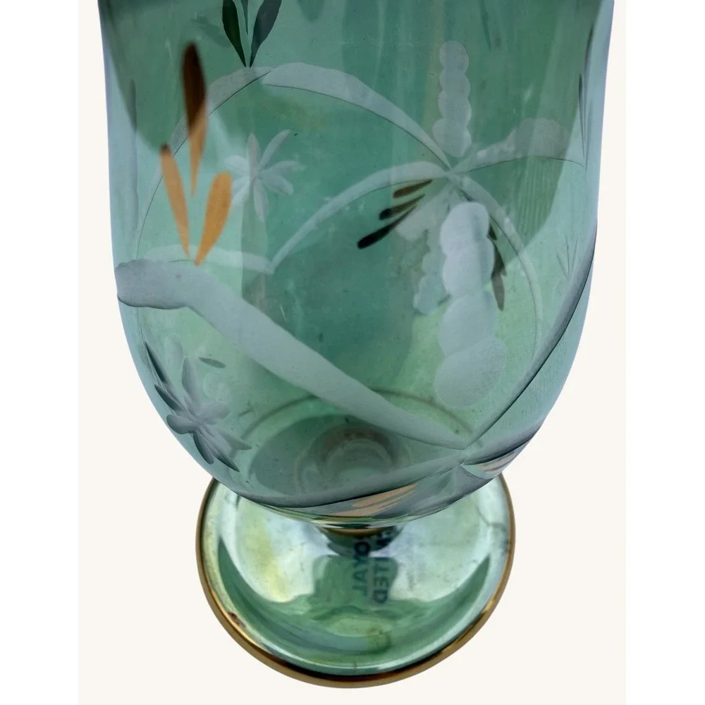 Vintage Royal Limited Emerald Green Glass Vase Hand Cut Etched Gold Rim 6 3/4